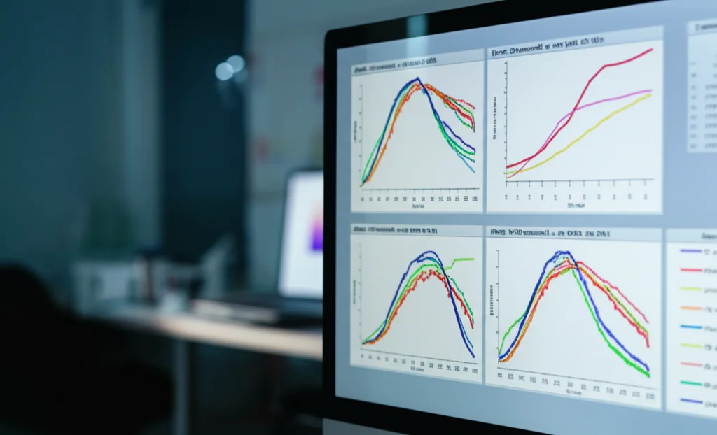 Fotografia still life, uno schermo di computer in un ambiente di ricerca medica mostra grafici complessi e colorati rappresentanti modelli predittivi di machine learning (curve ROC stilizzate). Luce soffusa ambientale, focus nitido sullo schermo, dettagli elevati. Obiettivo 50mm.