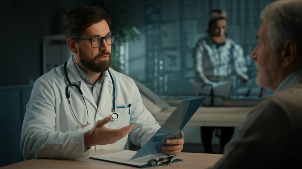 Medico oncologo che discute i risultati di una TAC con un paziente in uno studio medico moderno, prime lens, 35mm, depth of field, luce naturale soffusa.