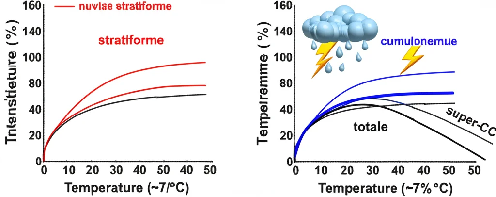 Grafico scientifico stilizzato che mostra due curve di intensità della pioggia rispetto alla temperatura: una rossa (stratiforme) e una blu (convettiva), entrambe con pendenza ~7%/°C, e una curva nera (totale) con pendenza maggiore (super-CC). Accanto, una piccola icona di nuvola stratiforme a basse temperature e una nuvola cumulonembo con fulmine ad alte temperature. Macro lens, 80mm, high detail, controlled lighting.