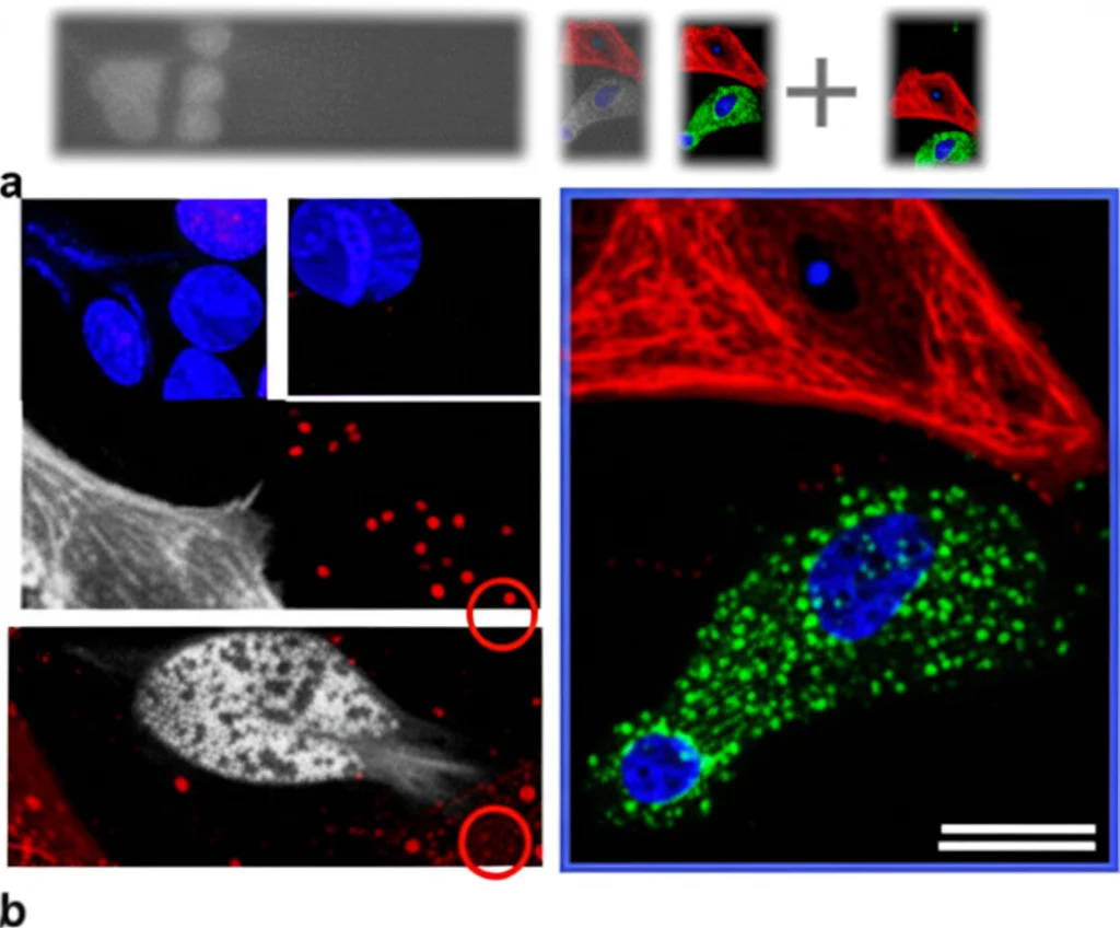 Microscopia ad alta risoluzione di cellule mammarie luminali in coltura, alcune mostrano marcatori H3K4me1 fluorescenti disordinati (verde brillante) sovrapposti a marcatori di identità cellulare (rosso e blu), suggerendo perdita di identità. Obiettivo macro 100mm, illuminazione controllata, alta definizione.