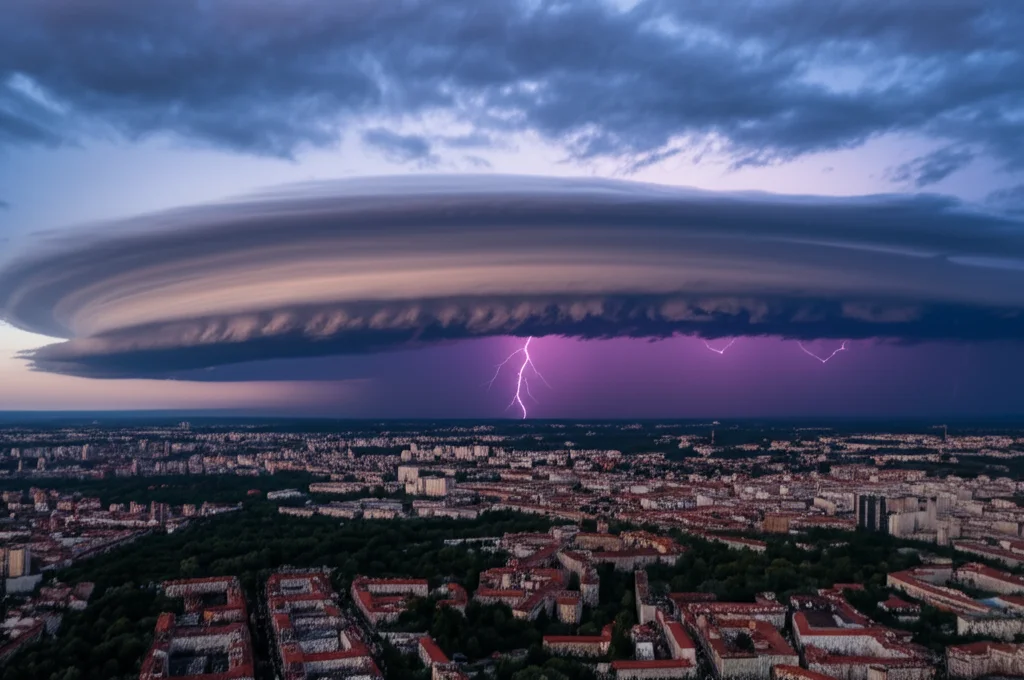 Fotografia aerea drammatica di un Mesoscale Convective System (MCS) sopra una città europea, nuvole torreggianti scure con fulmini visibili. Telephoto zoom, 200mm, fast shutter speed, action tracking, luce crepuscolare.