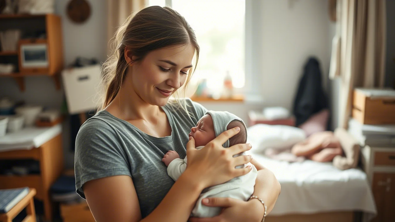 Ritratto fotografico di una giovane madre dall'aspetto stanco ma amorevole che tiene in braccio il suo neonato, luce soffusa dalla finestra, obiettivo 35mm, profondità di campo ridotta per sfocare lo sfondo disordinato della casa, toni caldi.