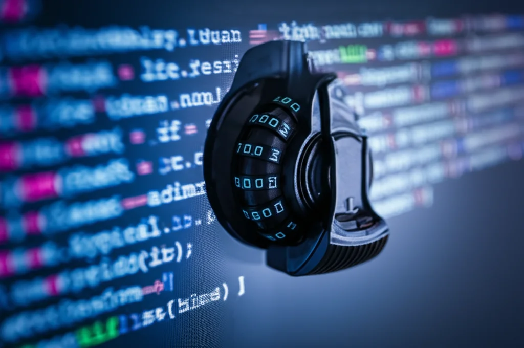 Primo piano macro di un lucchetto digitale stilizzato su uno schermo di computer che mostra righe di codice sfocate, illuminazione controllata e drammatica, obiettivo macro 90mm, alta definizione, focus preciso sul lucchetto.