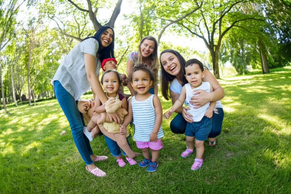 Foto grandangolare di un gruppo etnicamente eterogeneo di madri e bambini che giocano felici in un parco luminoso e soleggiato, obiettivo grandangolare 20mm, messa a fuoco nitida su tutto il campo, colori vivaci, sensazione di comunità.