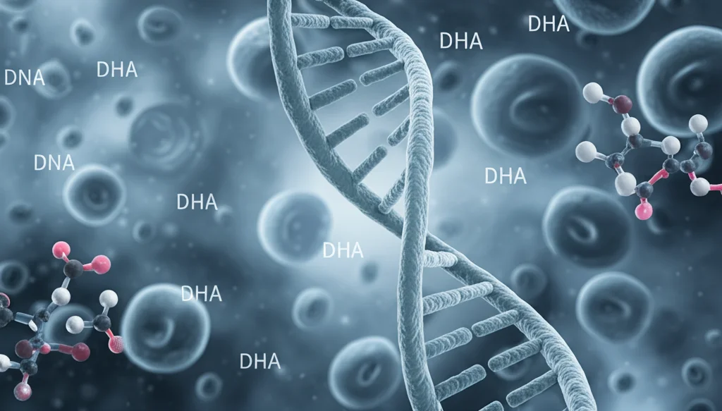 Visualizzazione concettuale di una doppia elica del DNA che si intreccia con molecole di DHA, su uno sfondo che suggerisce cellule immunitarie, obiettivo 35mm, profondità di campo, toni blu e grigi per un'atmosfera scientifica ma intrigante.
