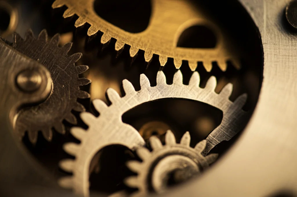 Fotografia macro, 85mm, di ingranaggi metallici complessi e luminosi che si incastrano perfettamente, illuminati da una luce calda e controllata su sfondo scuro, simboleggiando la creazione di valore attraverso la collaborazione e l'analisi precisa dei dati in un ecosistema. Alta definizione, messa a fuoco precisa sui punti di contatto degli ingranaggi.