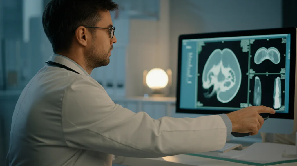 Ritratto ambientato di un nefrologo pediatra che esamina attentamente una scintigrafia DMSA su un monitor ad alta risoluzione in uno studio medico moderno e luminoso, profondità di campo ridotta per focalizzare sul medico concentrato e sullo schermo che mostra immagini renali, obiettivo prime 50mm.