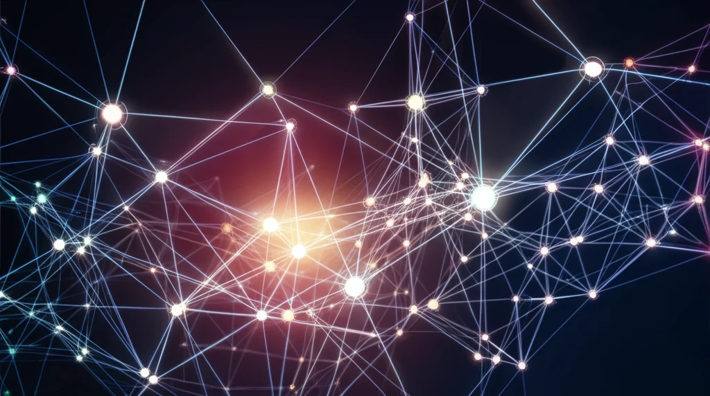 Fotografia grandangolare, 20mm, che mostra una complessa rete neurale luminosa sospesa in uno spazio digitale astratto, con alcuni nodi più grandi e luminosi (grandi player) e molti più piccoli (PMI), simboleggiando le dinamiche di potere e la complessità della cattura del valore negli ecosistemi decentralizzati. Illuminazione d'accento sui collegamenti, sfondo scuro, messa a fuoco nitida.