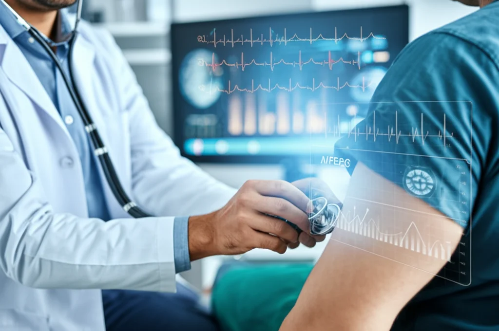Primo piano di un medico che utilizza uno stetoscopio digitale avanzato (AI-PECG) su un paziente in un ambiente clinico moderno. Sullo sfondo, schermi mostrano grafici ECG e PCG sovrapposti digitalmente. Illuminazione controllata e professionale, obiettivo macro 85mm, alta definizione dei dettagli tecnologici.