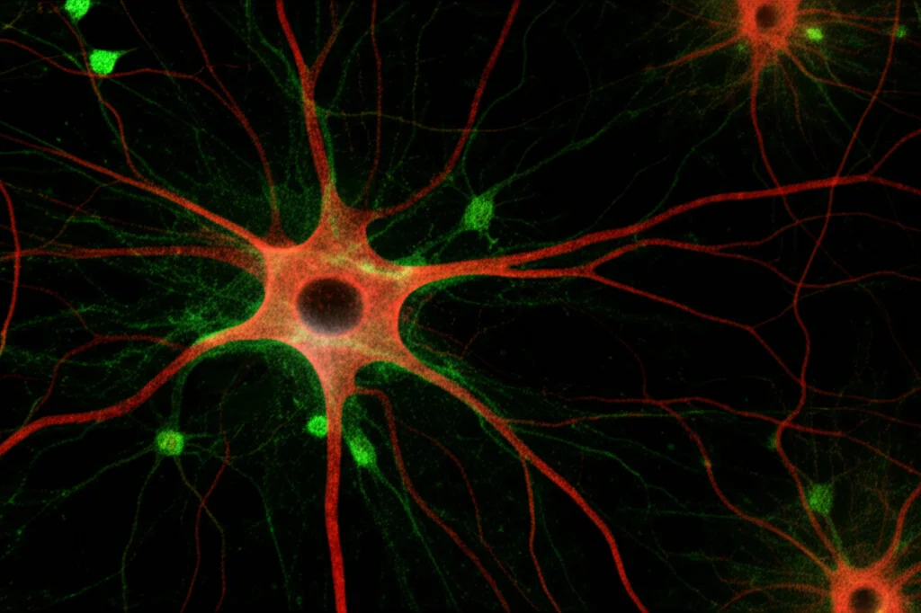 Visualizzazione microscopica astratta di neuroni retinici. Alcuni neuroni mostrano segni di stress del reticolo endoplasmatico (colore rosso acceso), mentre altri, protetti da un trattamento (simboleggiato da un alone verde), appaiono sani. Illuminazione da laboratorio controllata, alta definizione, stile artistico scientifico.