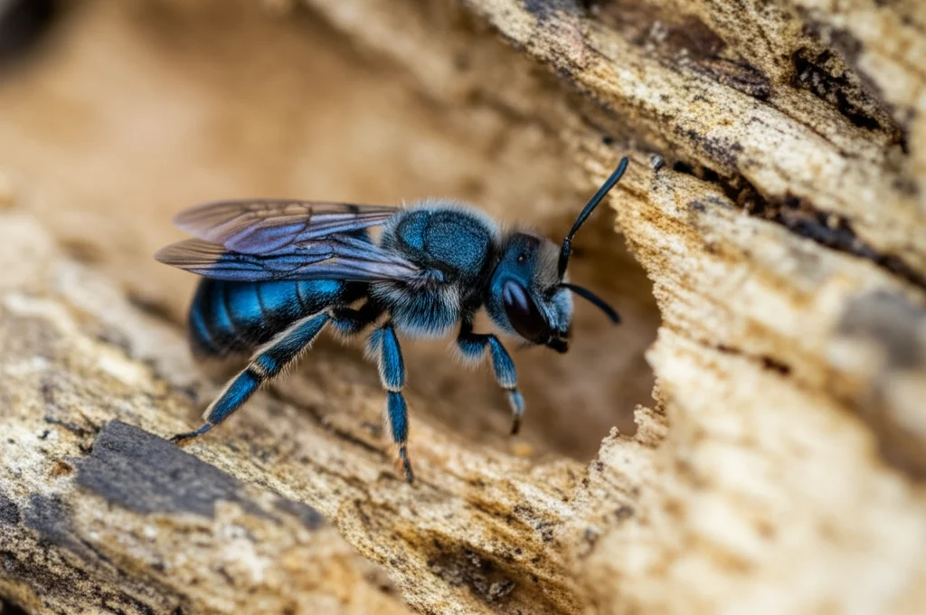 Fotografia macro di un'ape solitaria del genere Osmia, dal caratteristico colore blu metallico, mentre ispeziona un foro preesistente in un pezzo di legno morto a terra (CWD) in un'area forestale rigenerata dopo un incendio. Luce filtrata dal sole, dettagli elevati sulla texture del legno e sull'ape. Obiettivo macro 90mm, messa a fuoco selettiva sull'ape.