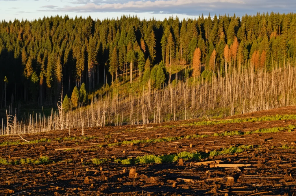 Paesaggio grandangolare di una foresta del Pacifico Nord-Occidentale (Oregon) che mostra un mosaico di condizioni: un'area di taglio raso in rigenerazione (vegetazione bassa, aperta), un'area bruciata da incendio con snag ancora in piedi e vegetazione diversificata, e una foresta matura sullo sfondo. Luce del tardo pomeriggio che crea lunghe ombre. Obiettivo grandangolare 18mm, messa a fuoco nitida su tutto il paesaggio, cielo parzialmente nuvoloso.