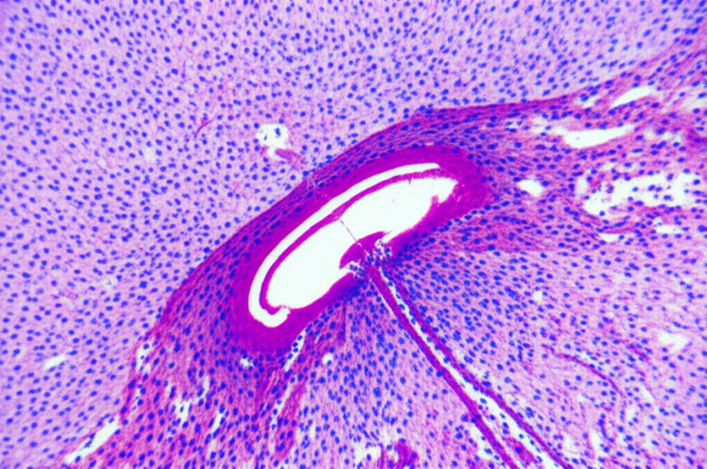 Foto macro di un cervello di topo sezionato, con focus sull'ippocampo, 85mm Macro lens, alta definizione, illuminazione da laboratorio controllata che evidenzia la struttura neuronale, contesto di ricerca neuroscientifica.