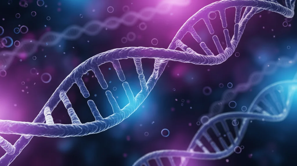 Visualizzazione 3D astratta di molecole di RNA (lncRNA e miRNA) che interagiscono, sfondo scuro con luci al neon blu e viola, stile cinematografico, profondità di campo, 35mm.