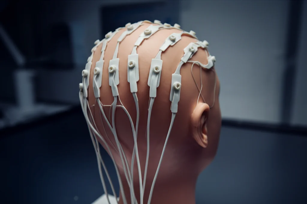 Fotografia macro di elettrodi EEG posizionati su un modello stilizzato di testa umana, obiettivo macro 100mm, alta definizione, illuminazione controllata e drammatica, che simboleggia la raccolta dati cerebrali.