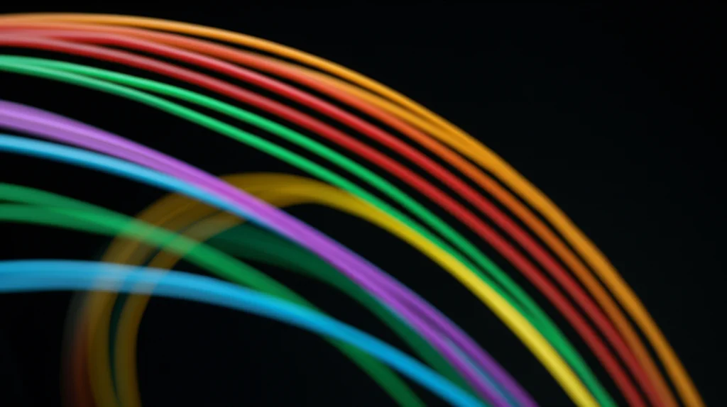 Grafico astratto che mostra curve esponenziali divergenti in diversi colori (rosso, blu, verde, giallo, arancione, viola) su sfondo scuro, simboleggiano i diversi tassi di mortalità COVID-19 risultanti dalle diverse strategie nazionali. Stile fotorealistico, profondità di campo, illuminazione drammatica.