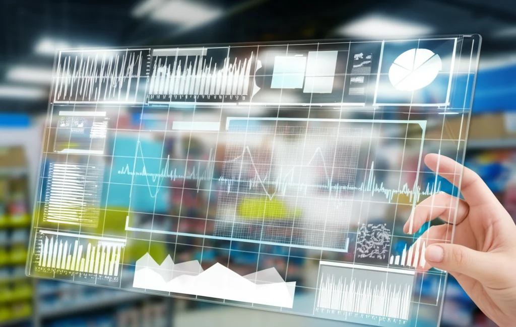 Fotografia grandangolare di un ambiente di mercato elettronico futuristico visualizzato su uno schermo trasparente, obiettivo 15mm, messa a fuoco nitida, sovrapposizione di dati e grafici EEG stilizzati, che illustra l'applicazione della tecnologia.