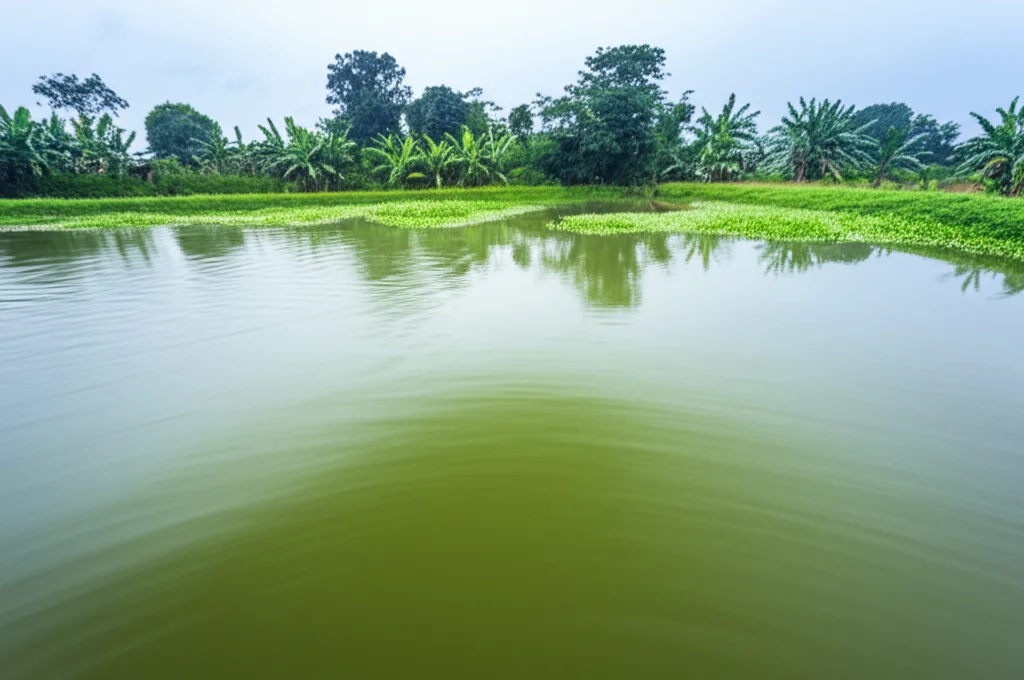 Fotografia grandangolare di stagni per pesci d'acqua dolce nella regione di Sirakol, Bengala Occidentale, durante la stagione dei monsoni, obiettivo 18mm, cielo nuvoloso, acqua leggermente torbida, vegetazione rigogliosa circostante, lunga esposizione per acqua liscia.