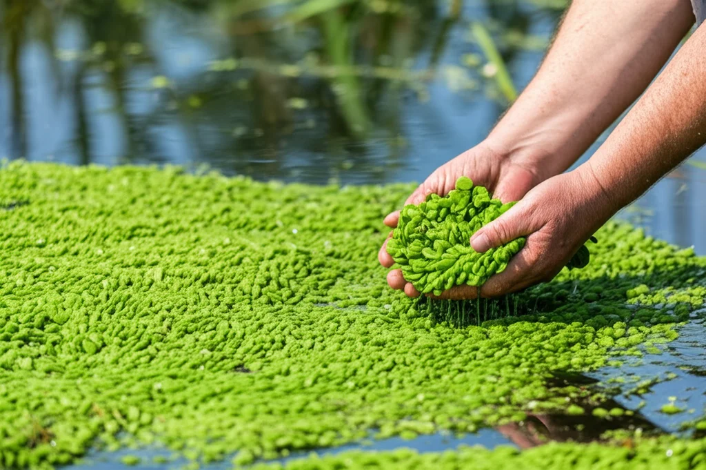Fotografia che mostra la raccolta manuale di Azolla da uno stagno, primo piano sulle mani che raccolgono la biomassa verde, sfondo sfocato dello stagno, obiettivo 50mm, profondità di campo ridotta, luce diurna.