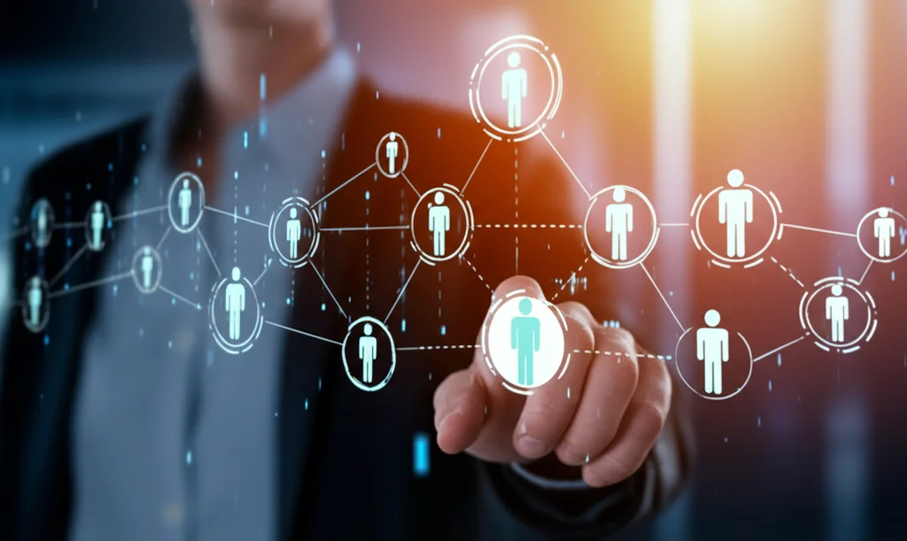 Immagine fotorealistica che simboleggia il supporto e la comunità online tra farmacisti; icone stilizzate di persone connesse digitalmente attraverso linee luminose su uno sfondo astratto caldo e accogliente, obiettivo macro 80mm, illuminazione controllata e morbida, high detail.