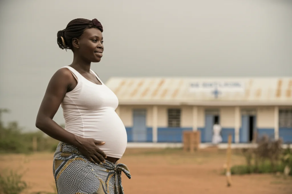 Fotografia di ritratto, donna africana incinta sorridente ma pensierosa guarda verso un centro sanitario in lontananza, obiettivo 35mm, toni caldi del seppia e del grigio, profondità di campo.