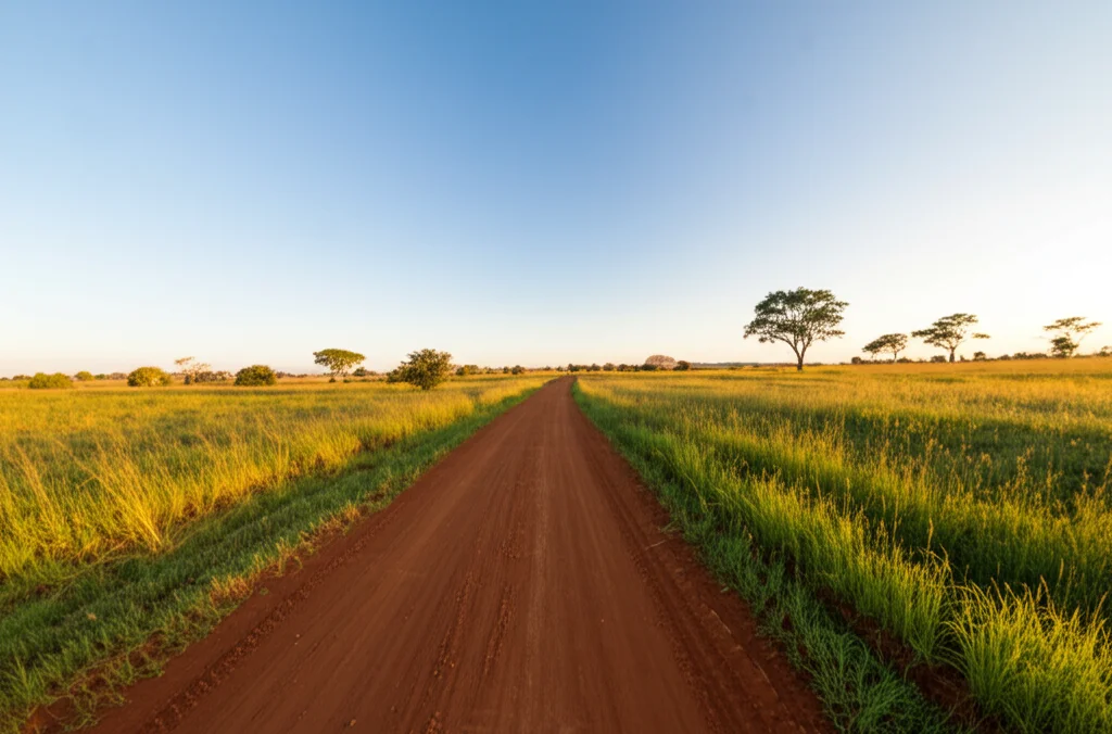 Fotografia grandangolare, paesaggio rurale dell'Africa subsahariana con una strada sterrata che si perde all'orizzonte, luce del tardo pomeriggio, obiettivo 15mm, messa a fuoco nitida.