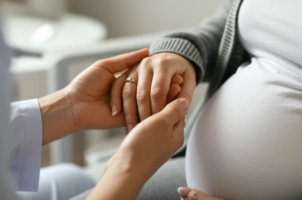 Fotografia macro, primo piano delle mani di un operatore sanitario che tengono delicatamente quelle di una donna incinta durante una visita a domicilio, illuminazione controllata, obiettivo 85mm, alta definizione.