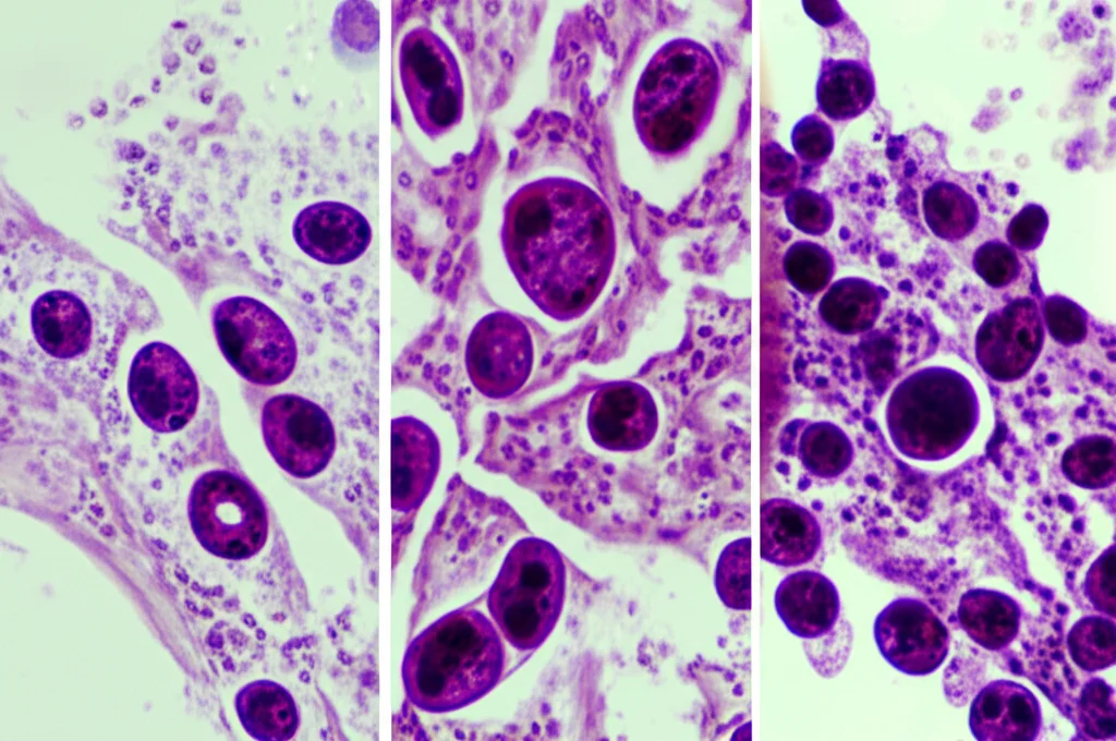 Microscopia ad alta risoluzione di cellule epiteliali esofagee, alcune normali (a sinistra) e altre con segni precoci di trasformazione cancerosa (a destra) indotti da agenti esterni. Illuminazione controllata, lente macro 100mm, alta definizione, focus preciso sulle differenze morfologiche come forma e dimensione del nucleo.
