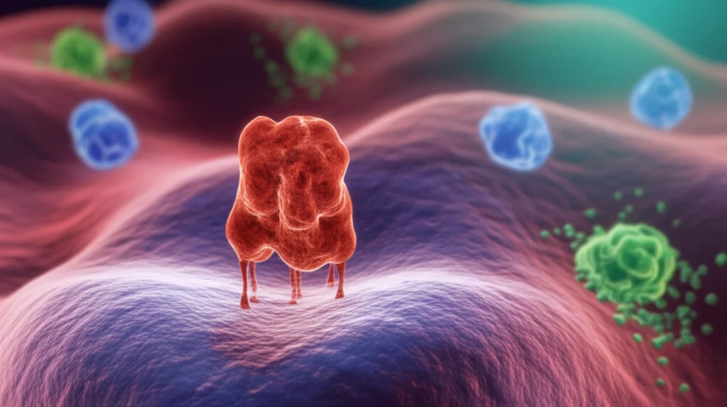 Visualizzazione concettuale 3D della proteina YAP (in rosso) inibita dalla molecola di Verteporfina (VPF, in blu) all'interno di una cellula esofagea. Sullo sfondo, altre cellule mostrano segni di piroptosi (in verde). Colori vivaci, sfondo sfocato per profondità di campo, stile fotorealistico con illuminazione drammatica.