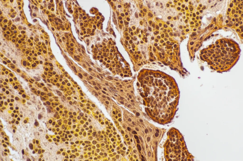 Immagine al microscopio di cellule di cancro al seno HER2-positive colorate con immunoistochimica per evidenziare la proteina GRB2 (marrone) e HER2 (giallo), macro lens, 100mm, high detail, precise focusing, controlled lighting.