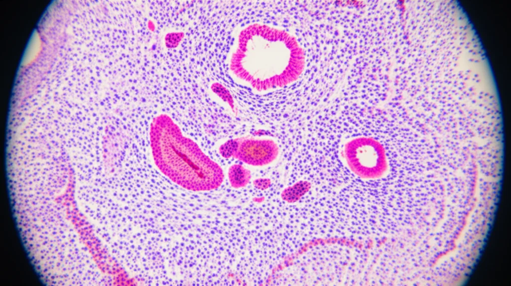 Immagine di un cervello di topo con metastasi tumorali evidenziate da colorazione HeE, vista al microscopio, wide-angle lens, 24mm, sharp focus, che mostra l'infiltrazione delle cellule cancerose nel tessuto cerebrale.