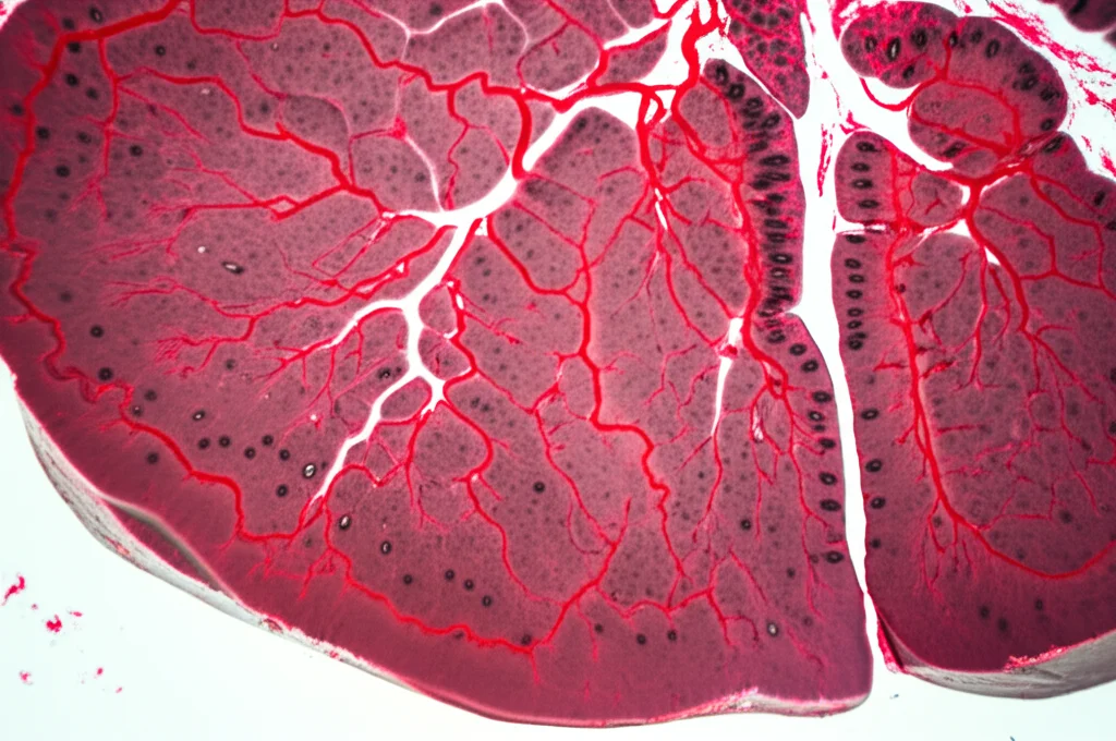 Immagine macro di un fegato umano sano sezionato, con illuminazione da studio che ne evidenzia la struttura interna e i vasi sanguigni, lente macro 80mm, alta definizione, per illustrare l'organo bersaglio della TARE.