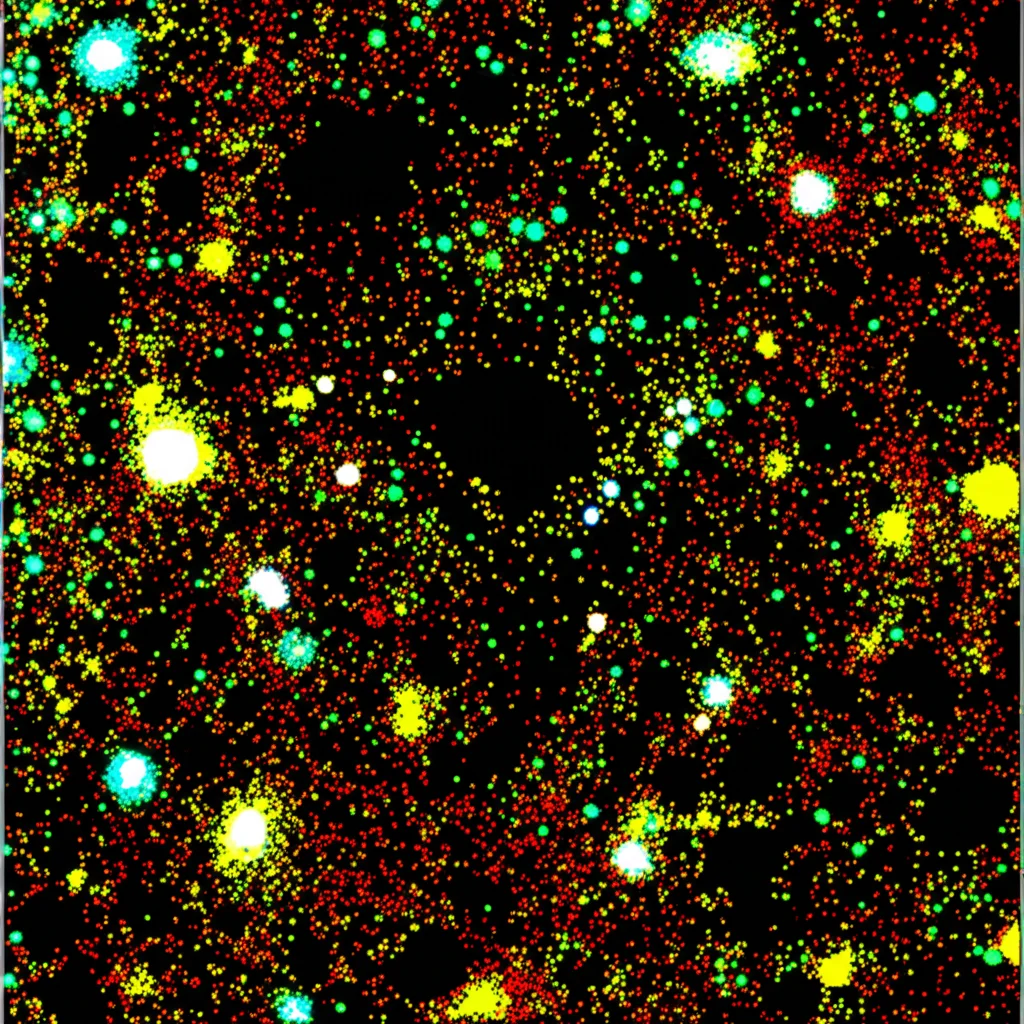 Microfotografia astratta ad alta risoluzione che mostra particelle luminose (microsfere) di diversi colori (giallo, ciano, rosso, bianco) sparse in modo non uniforme su uno sfondo scuro e texturizzato (tessuto epatico), alcune aree dense, altre vuote, per rappresentare visivamente l'eterogeneità microscopica e la distribuzione frazionata nella TARE.