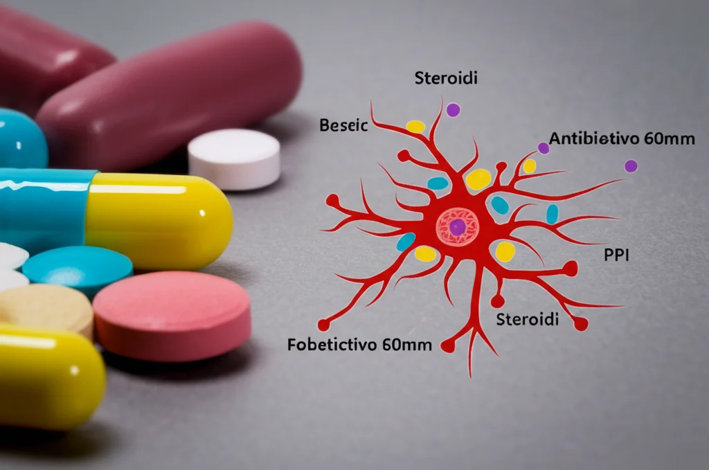 Fotografia macro (obiettivo 60mm) di diverse pillole colorate - PPI, antibiotici, steroidi - sparse su una superficie neutra accanto a una rappresentazione stilizzata del sistema immunitario. Illuminazione controllata, alta definizione, focus selettivo sulle pillole per evidenziare il tema dell'interazione farmacologica.