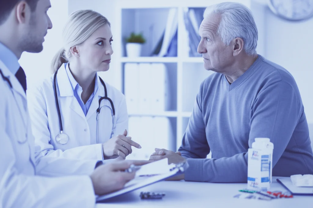Ritratto fotografico (obiettivo 35mm) di un medico e un paziente anziano seduti uno di fronte all'altro in uno studio medico luminoso. Stanno discutendo, con il medico che indica un elenco di farmaci. Atmosfera seria ma empatica, profondità di campo che sfoca leggermente lo sfondo. Duotone blu e grigio per un tocco professionale e umano.
