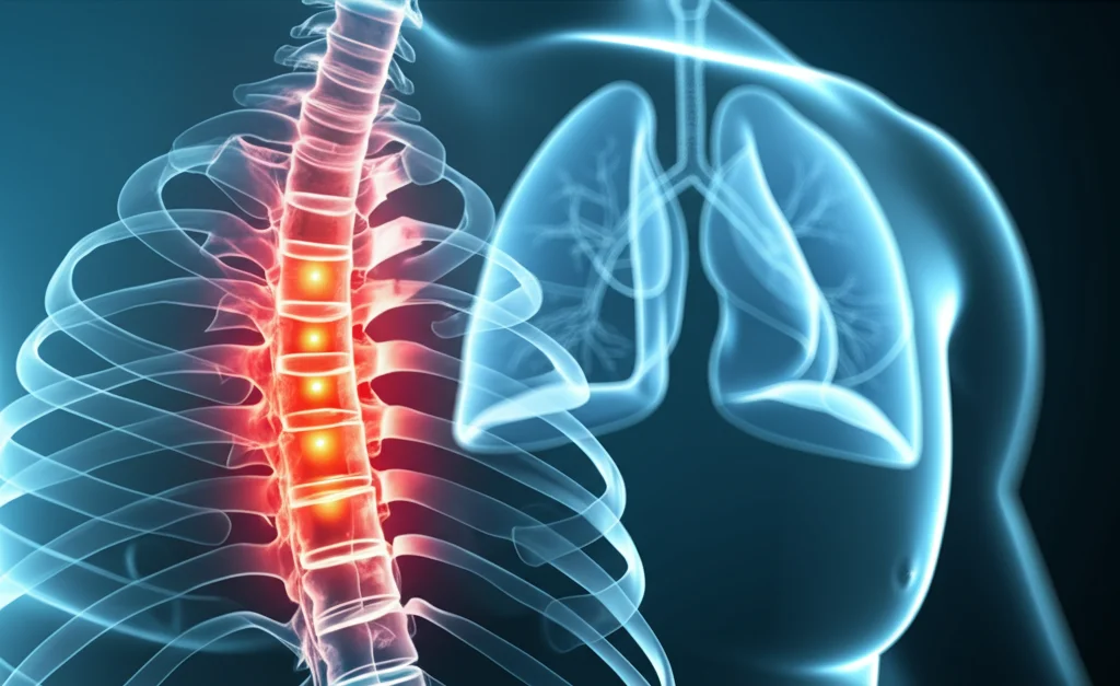 Immagine medica astratta che mostra la colonna vertebrale umana con aree evidenziate in rosso per indicare l'infezione da tubercolosi spinale, accanto a un'immagine sfocata dei polmoni. Illuminazione controllata, stile fotorealistico, lente macro 90mm per dettaglio sulla vertebra.