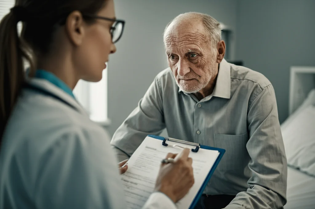 Ritratto fotorealistico di un paziente anziano in un contesto clinico, dall'aspetto malnutrito, con un medico che esamina la sua cartella clinica. Profondità di campo, lente prime 35mm, toni seppia e grigio per un'atmosfera seria.