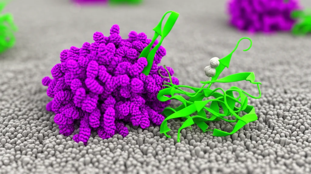 Illustrazione 3D che mostra la proteina LAMA4 (viola) secreta da un fibroblasto eCAF (sfondo sfocato) che si lega al recettore ITGA6 (verde) sulla superficie di una cellula T CD8+ (grigia), innescando segnali intracellulari. Alta definizione, focus preciso.
