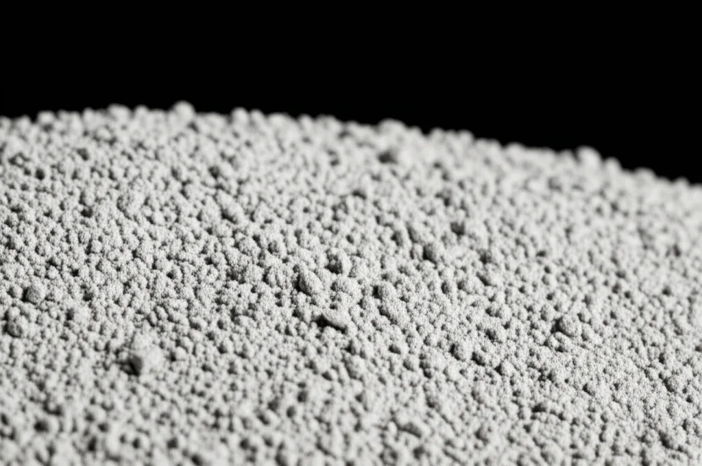 Fotografia macro con obiettivo 100mm di polvere di pomice vulcanica (VPP) finemente macinata, illuminazione controllata per evidenziare la texture fine e porosa del materiale, alta definizione, messa a fuoco precisa sulle particelle.