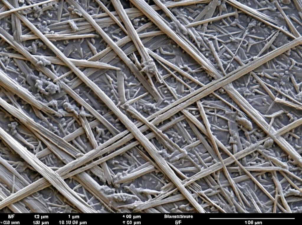Immagine SEM (microscopio elettronico a scansione) con obiettivo macro, 100mm, che mostra la microstruttura di un campione di HSGC. Si vedono chiaramente le fibre di basalto (BF) integrate nella matrice geopolimerica densa, alta definizione, illuminazione controllata.