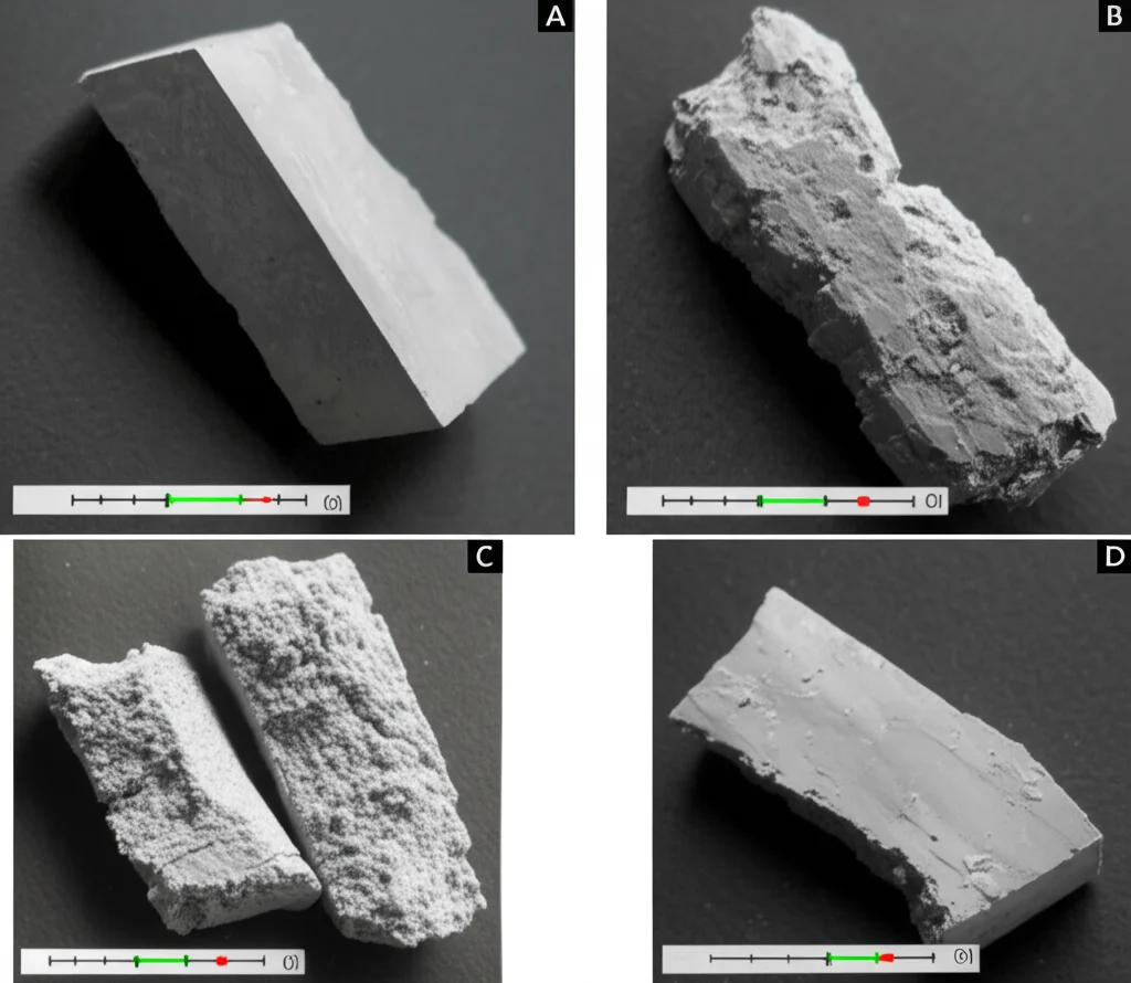 Fotografia still life con obiettivo prime 50mm di campioni cubici di HSGC dopo test di resistenza al calore a 800°C. Si notano differenze nell'integrità superficiale e micro-crepe. Illuminazione controllata per evidenziare i danni termici, alta definizione.