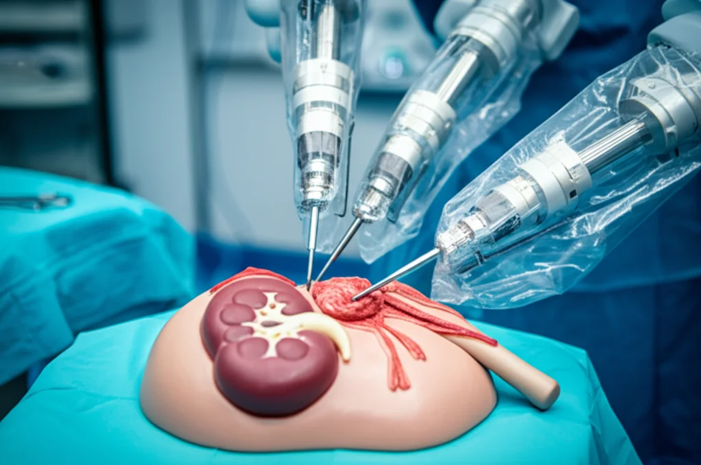 Fotografia macro di un braccio robotico chirurgico Da Vinci che sutura delicatamente un modello di rene umano in un ambiente operatorio sterile, illuminazione controllata, alta definizione, obiettivo macro 100mm, focus preciso sulla sutura.