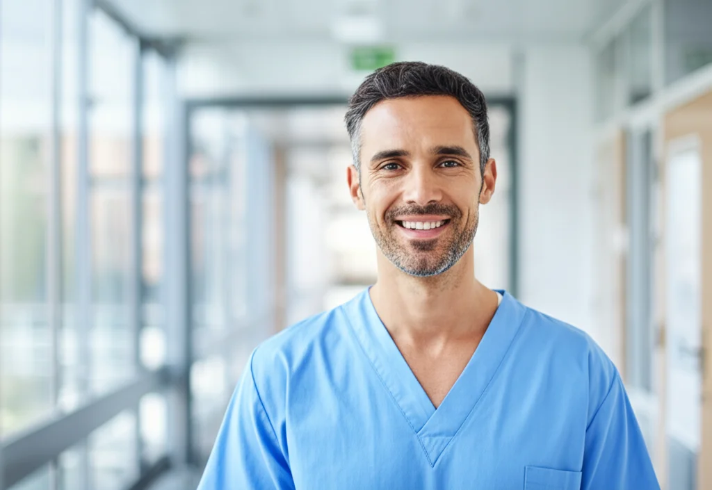 Fotografia simbolica di un paziente sorridente che lascia l'ospedale, con un leggero effetto mosso per indicare il recupero, sfondo sfocato di un corridoio ospedaliero luminoso. Obiettivo 50mm, profondità di campo ridotta.