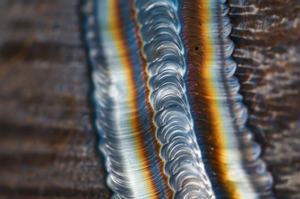 Macro fotografia di una saldatura circonferenziale su un tubo d'acciaio per pipeline, illuminazione controllata per evidenziare la texture del metallo e la linea di saldatura, obiettivo macro 90mm, alta definizione, messa a fuoco precisa sulla giunzione.