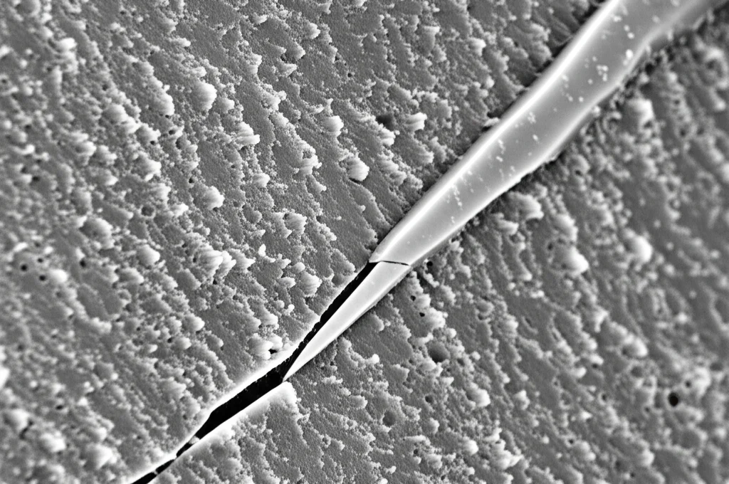 Micrografia elettronica a scansione che mostra la propagazione di una cricca in un acciaio per pipeline esposto all'idrogeno, immagine in bianco e nero ad alto contrasto, dettaglio elevato sulla punta della cricca e sulla microstruttura circostante, stile scientifico.