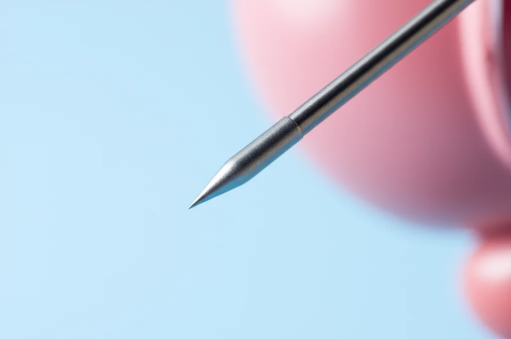 Immagine macro di un ago da biopsia vicino a un modello anatomico 3D di una prostata, illuminazione controllata da studio, obiettivo macro 90mm, messa a fuoco precisa sulla punta dell'ago, alto dettaglio.