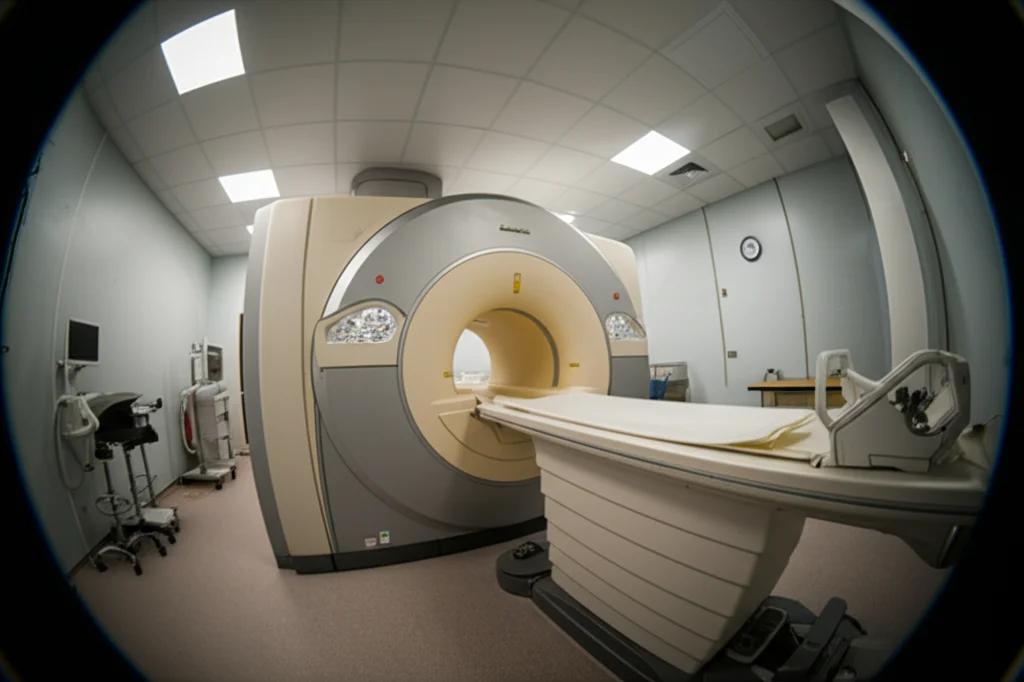 Fotografia grandangolare di una sala per risonanza magnetica con la macchina RM in primo piano, luci soffuse, obiettivo grandangolare 20mm, messa a fuoco nitida sull'apertura della macchina, atmosfera high-tech e clinica.