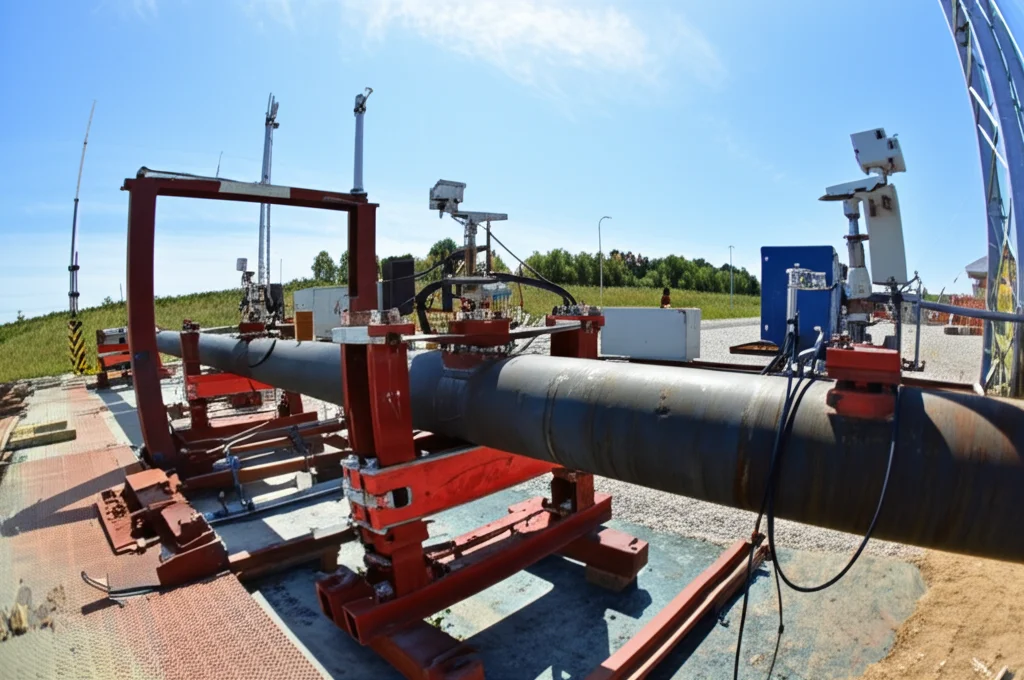Fotografia grandangolare di una sezione di pipeline in un banco di prova esterno, sistema di carico a tre punti applicato, sensori visibili sul tubo, luce diurna naturale, obiettivo grandangolare 20mm, messa a fuoco nitida sull'intera struttura.