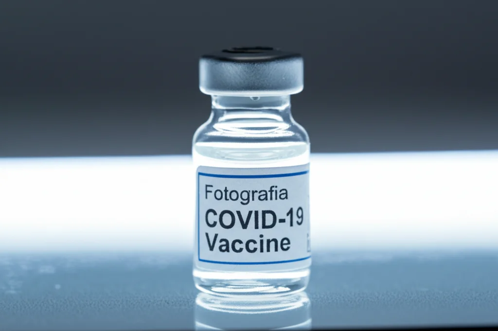 Fotografia macro di un flaconcino di vaccino COVID-19 appoggiato su un tavolo da laboratorio illuminato da una luce controllata e precisa, mettendo a fuoco i dettagli dell'etichetta. Obiettivo macro 100mm, alta definizione.