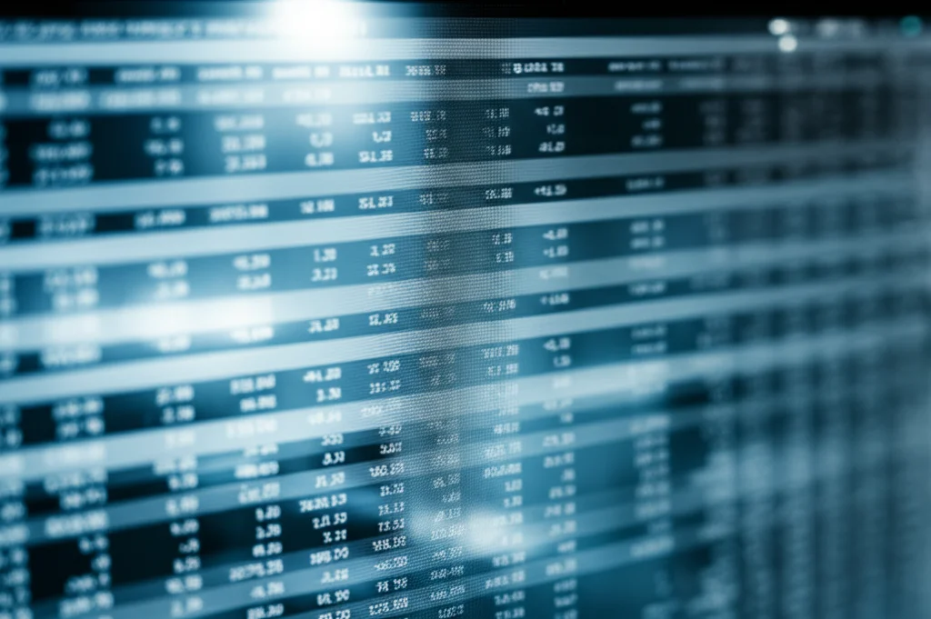 Primo piano di uno schermo di computer che mostra grafici complessi e tabelle di dati di farmacovigilanza anonimizzati. Si vedono riflessi di luce ambientale sullo schermo. Profondità di campo ridotta, obiettivo prime 35mm, stile film noir.